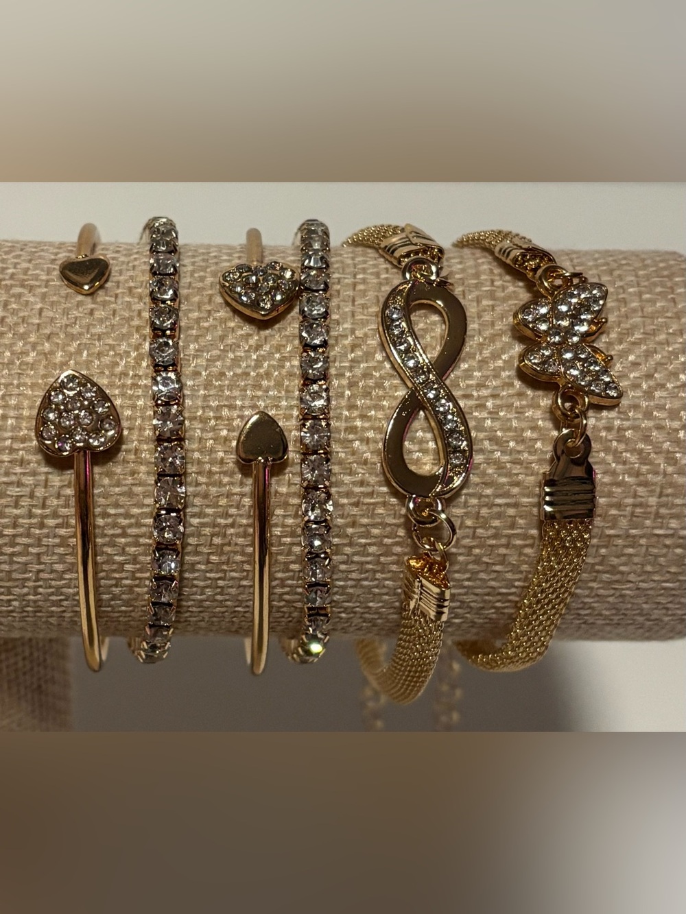 Gold Tone Rhinestone Heart Butterfly Infinity Bracelet Stack Set of 6